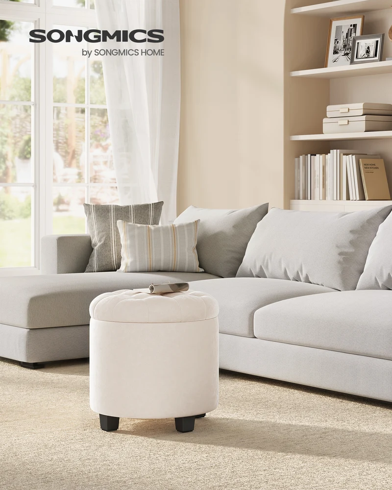 Round Velvet Ottoman with Storage - 17.7" Foot Rest Stool with Legs, 330 lb Capacity, for Living Room/Bedroom, Cream White