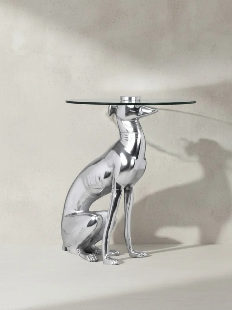 Beistelltisch – Aluminium Glas Silber Skulptur Windhund Ø 40 cm, Höhe 50 cm, handgefertigt