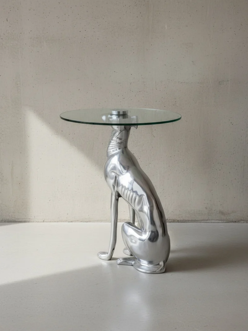 Beistelltisch – Aluminium Glas Silber Skulptur Windhund Ø 40 cm, Höhe 50 cm, handgefertigt