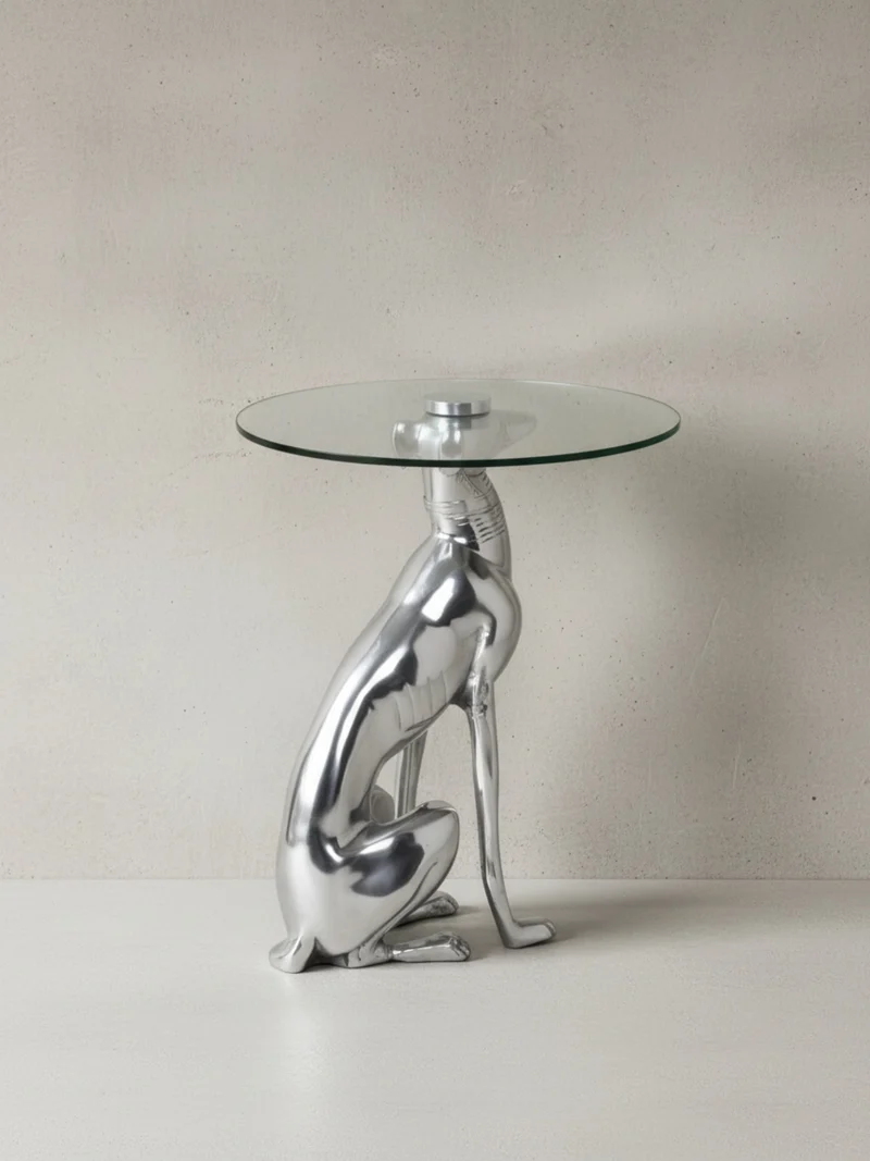 Beistelltisch – Aluminium Glas Silber Skulptur Windhund Ø 40 cm, Höhe 50 cm, handgefertigt