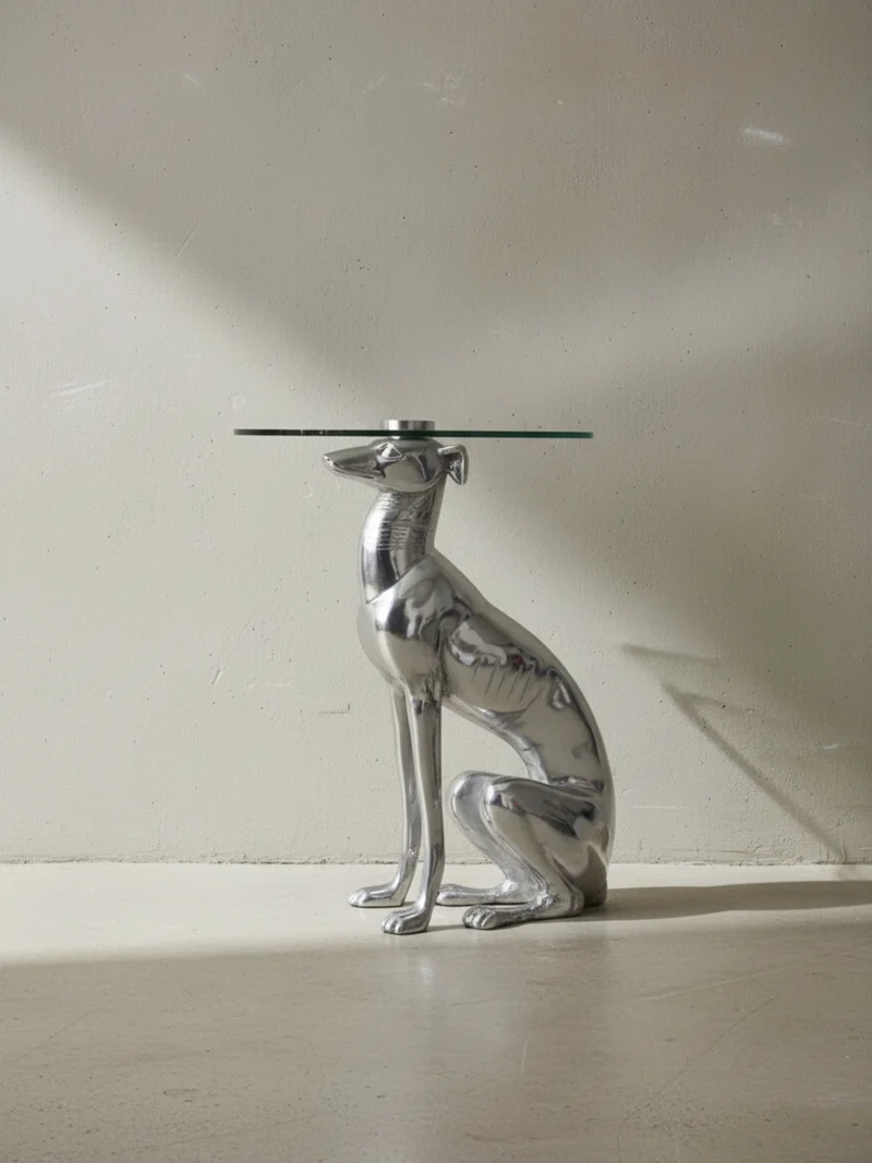 Beistelltisch – Aluminium Glas Silber Skulptur Windhund Ø 40 cm, Höhe 50 cm, handgefertigt