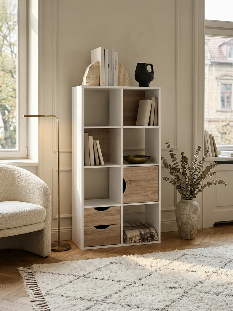 Bücherregal – Sonoma Eiche/Weiß, 8 Fächer, modern, Raumteiler-funktion