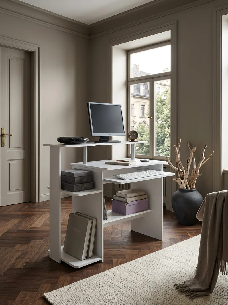 Schreibtisch – Weiß, Tastaturauszug, Stauraum, zeitloses Design