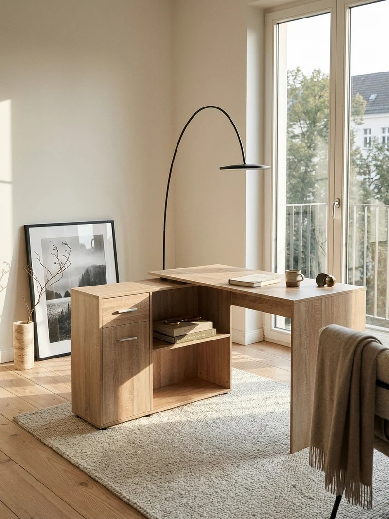 Schreibtisch mit Regalplatte – flexibel aufstellbar, melaminbeschichtet