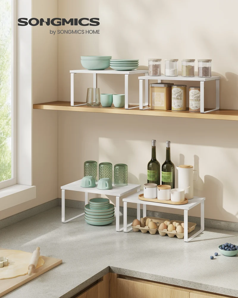 Cabinet Organizer Shelf, Set of 2 Kitchen Counter Shelves, Kitchen Storage, Spice Rack, Cloud White and Snow White