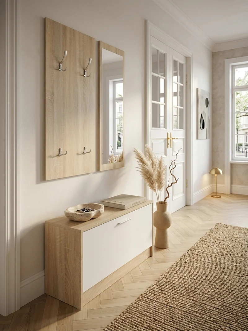 Wandgarderobe mit Spiegel, 10 Haken und Platz für 8 Paar Schuhe