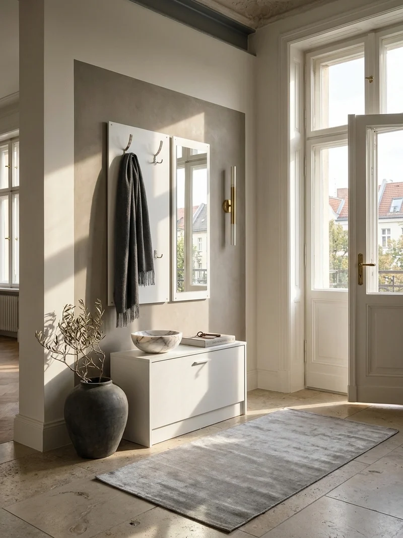 Wandgarderobe mit Spiegel, 10 Haken und Platz für 8 Paar Schuhe