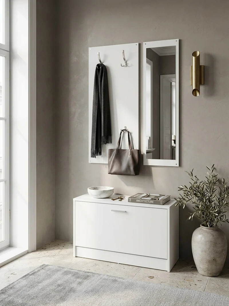 Wandgarderobe mit Spiegel, 10 Haken und Platz für 8 Paar Schuhe