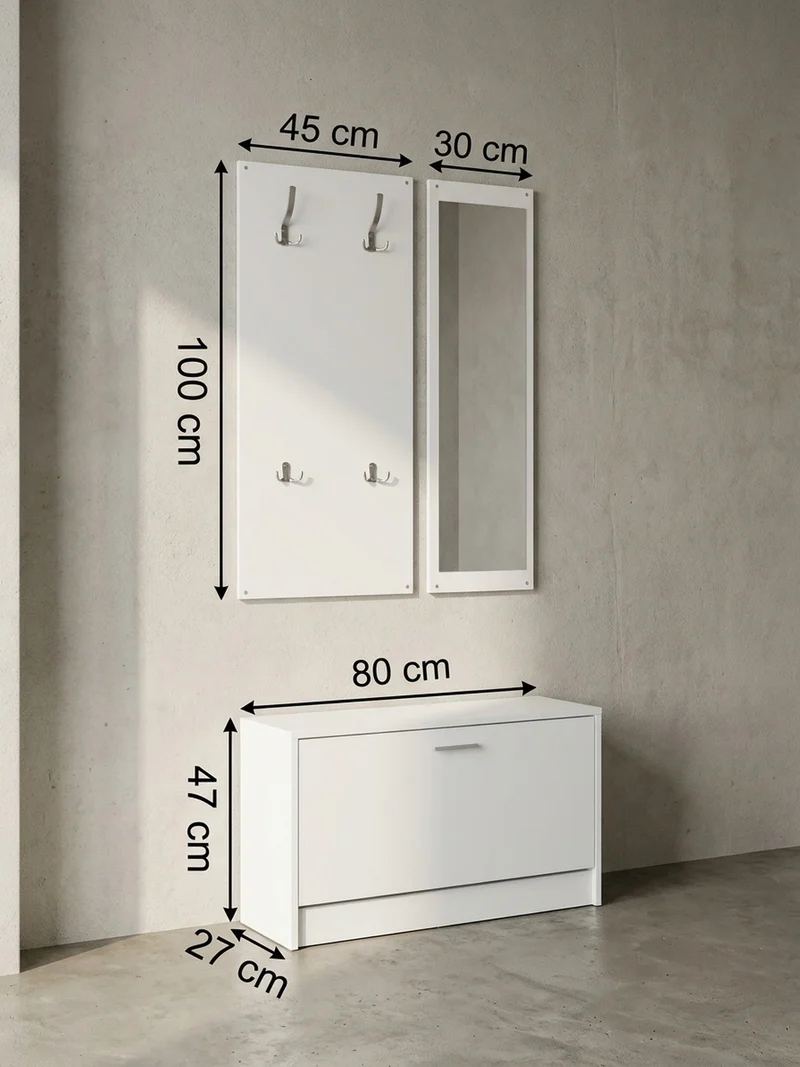 Wandgarderobe mit Spiegel, 10 Haken und Platz für 8 Paar Schuhe