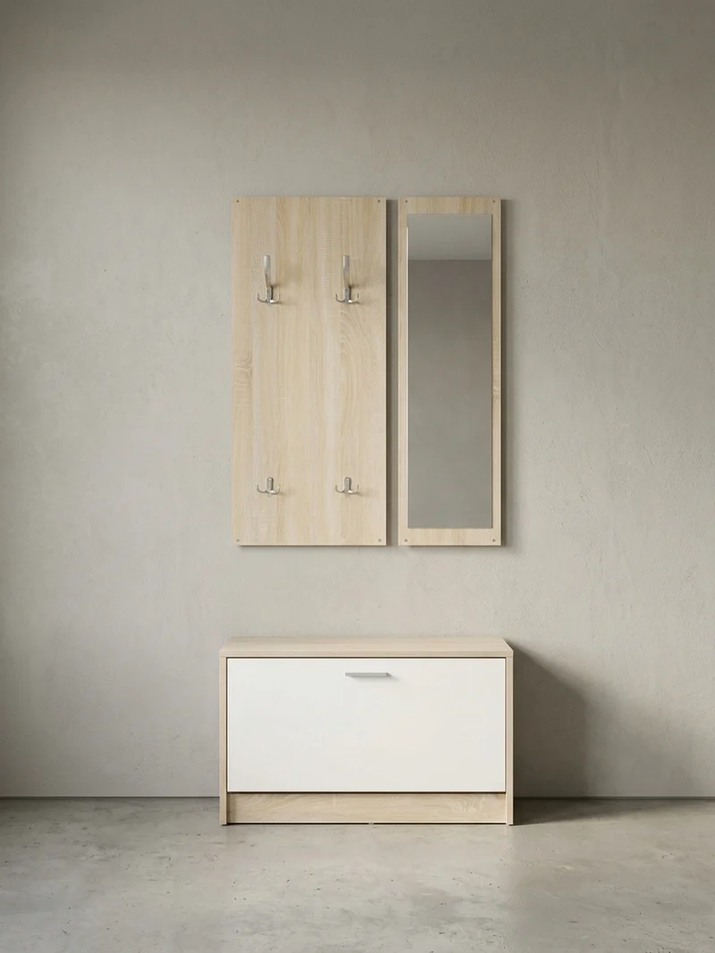 Wandgarderobe mit Spiegel, 10 Haken und Platz für 8 Paar Schuhe