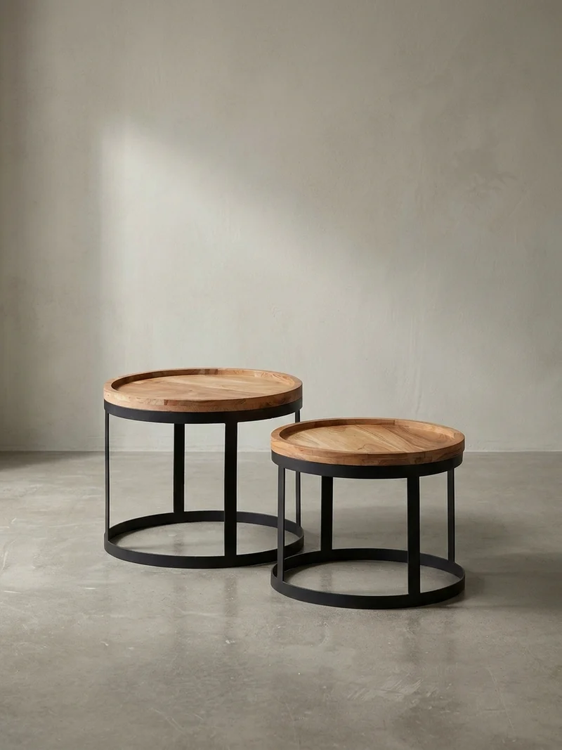 Beistelltisch 2er Set Massivholz Metallgestell Rund
