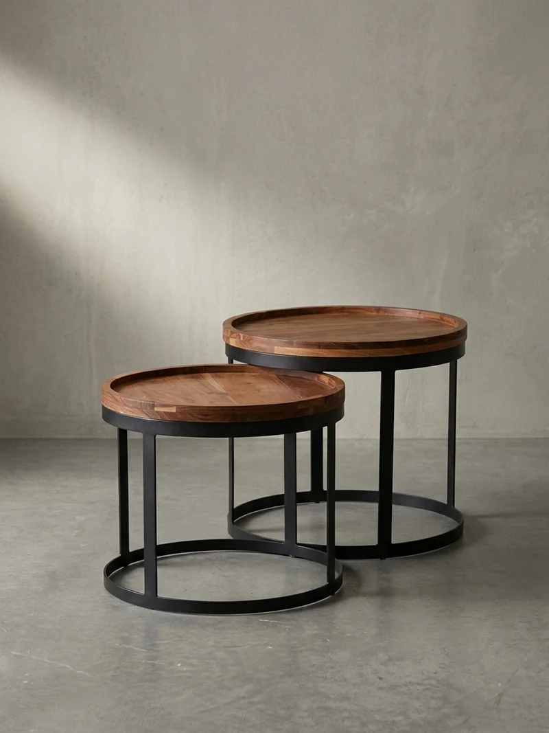 Beistelltisch 2er Set Massivholz Metallgestell Rund