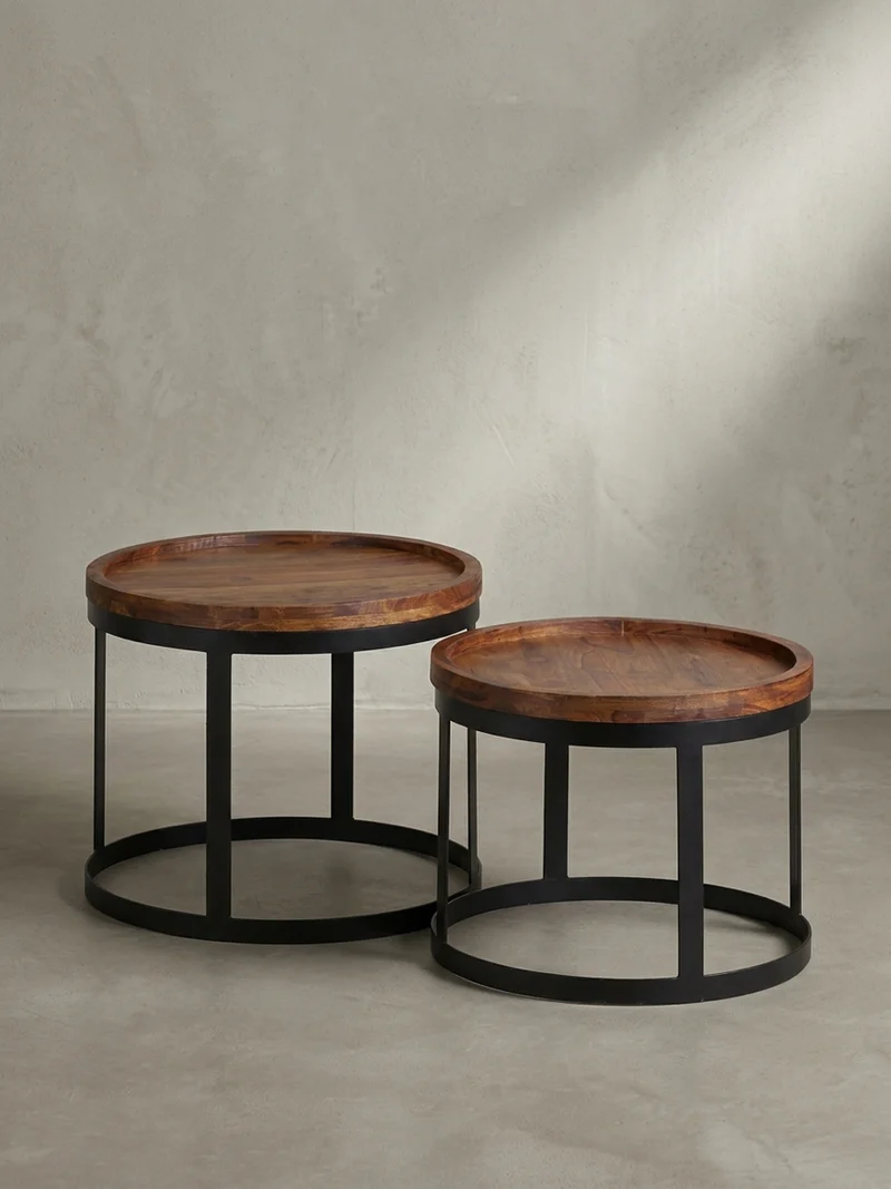 Beistelltisch 2er Set Massivholz Metallgestell Rund