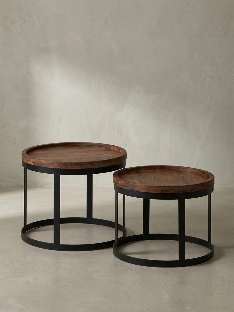 Beistelltisch 2er Set Massivholz Metallgestell Rund