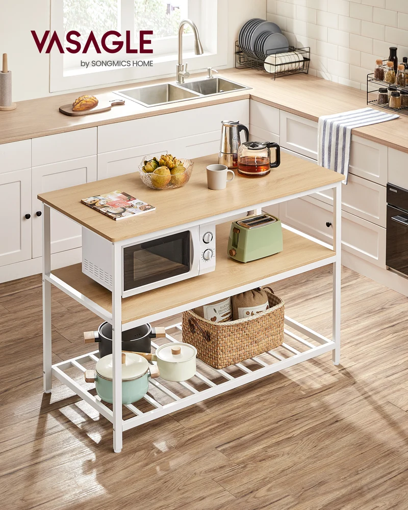 Kitchen Storage Island 3-Tier Kitchen Shelf Organizer Kitchen Baker’s Rack Coffee Bar with Large Open Shelves & Worktop Oak Color & White