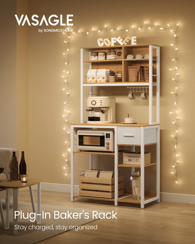 Bakers Rack with Charging Station, Coffee Bar with Adjustable Storage Shelves, Fabric Drawer, 12 Hooks, 15.7 x 31.5 x 71 Inches, Kitchen Microwave Stand, Golden Oak and Cloud White