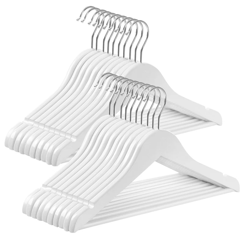 20-Pack Kids Wooden Hangers with Pants Bar & 360° Swivel Hook, 12.6 x 7.5 Inch Children's Closet Organizers, Shoulder Notches, White and Silver