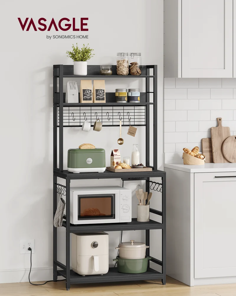 Hutch Bakers Rack with Power Outlet, 14 Hooks Microwave Stand, Adjustable Coffee Bar , Kitchen Storage Shelf, 15.7 x 31.5 x 66.9 Inches
