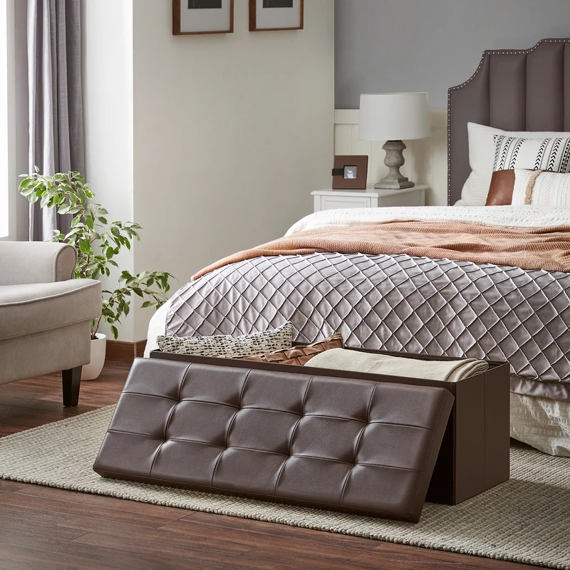 SONGMICS Folding Storage Ottoman, Storage Bench, Footrest Stool, 15 x 43 x 15 Inches, for Entryway, Living Room, Bedroom, Brown