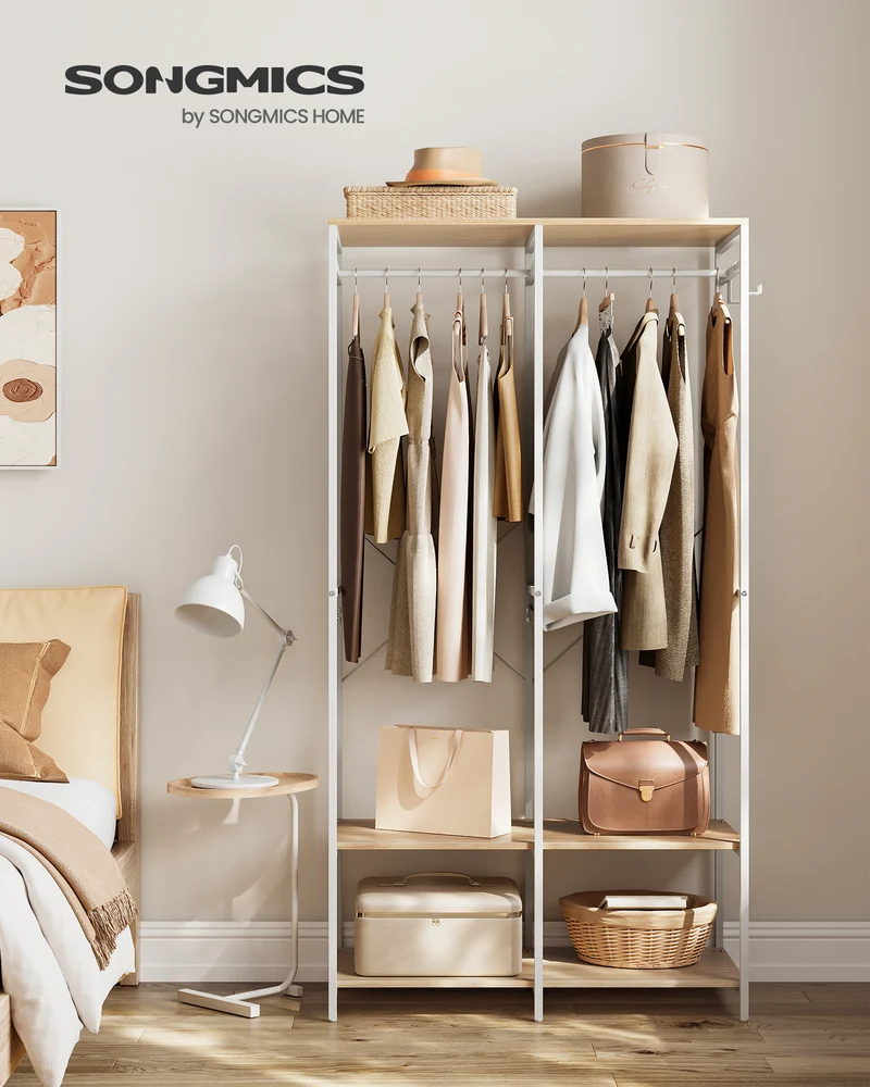 Wardrobe Closet Organizer Clothing Storage Iron and Wood Heavy Duty Clothes Rack with Hanging Rods, Shelves, and Removable Hooks 15.7 x 37.2 x 70.9