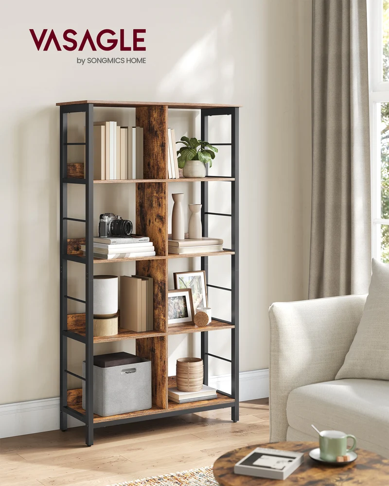 Industrial 8-Compartment Bookshelf 4-Tier Bookcase with 8 Open Slots Display Storage Rack for Office Living Room Bedroom 31.5 x 13 x 58.7 Inches, Rustic Brown and Black