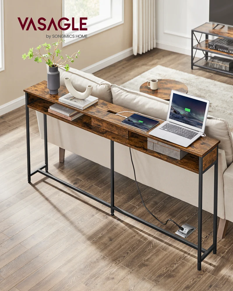 55.1" Console Table in Rustic Brown & Ink Black - Charging Station Included. Slim Design for Hallway, Behind - Couch or Entryway in Living Room