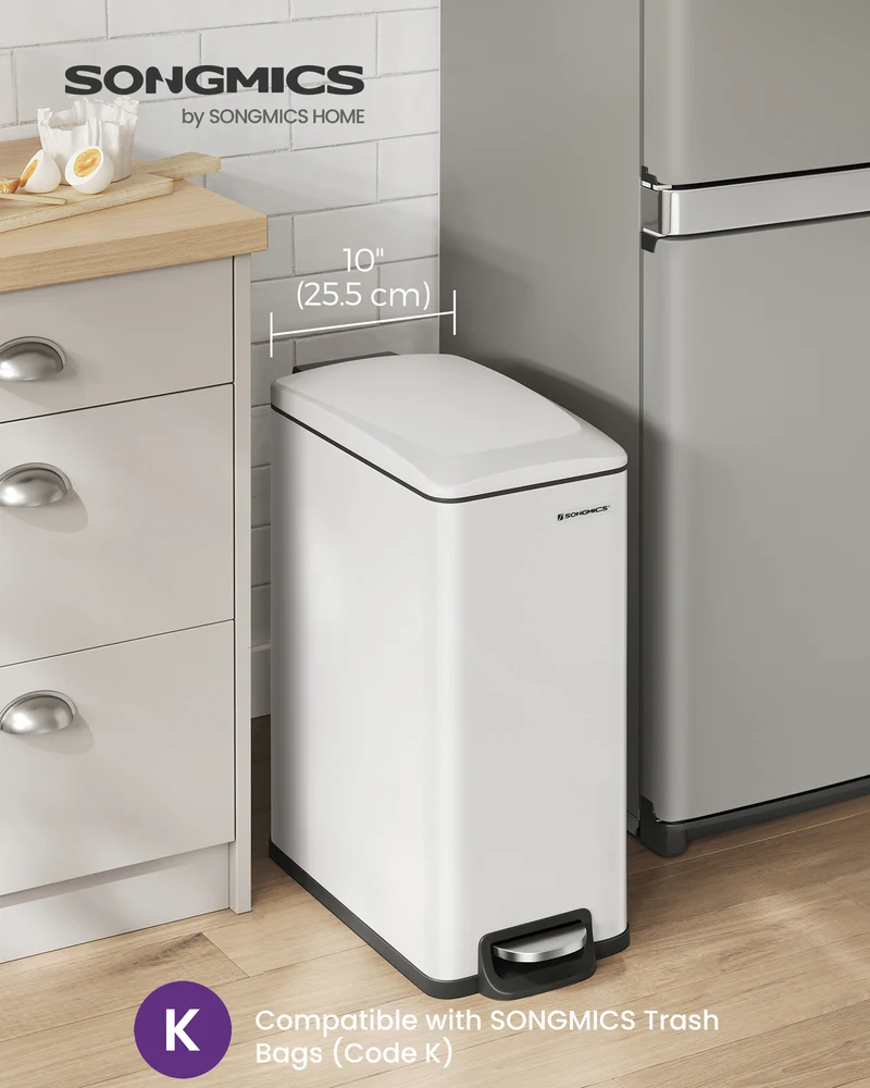 Slim Trash Can, 12.7 Gallon Garbage Can for Narrow Spaces with Soft-Close Lid, White