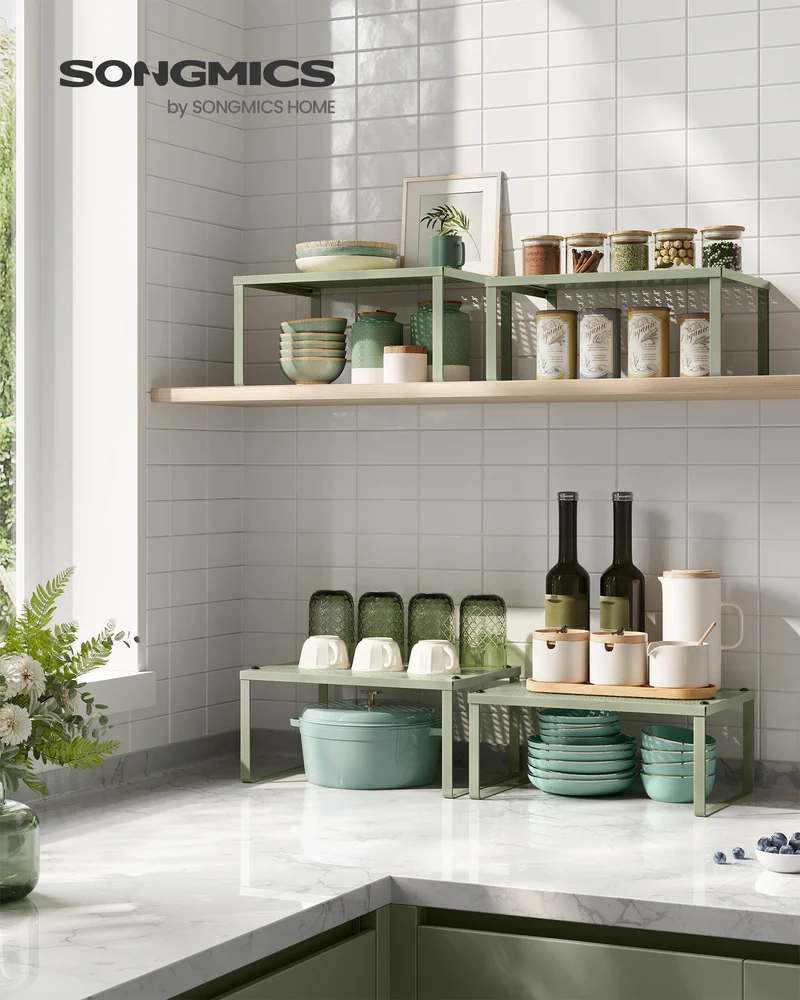 2 Pack Spice Rack, Cabinet Shelf Organizers, Shelf Organizer, Countertop Organizer, Shelf Riser, Stackable, Expandable, Metal Kitchen Counter Shelves, Laurel Green