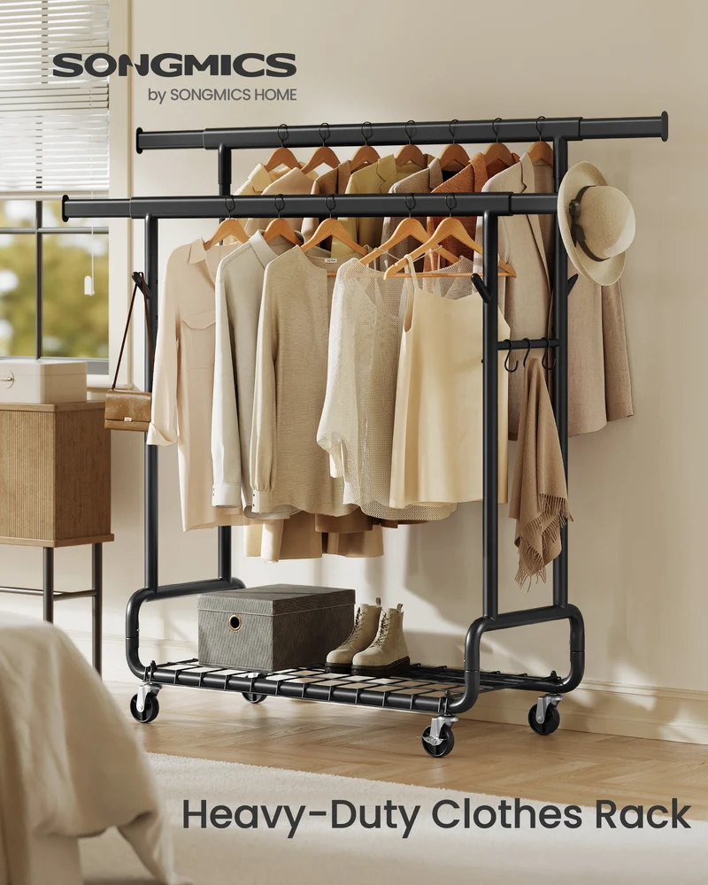 Heavy-Duty Rolling Garment Rack with Extendable Double Hanging Rods, 594 lb Capacity, Adjustable 3-Height with Shelf, Mobile Storage Organizer, Black