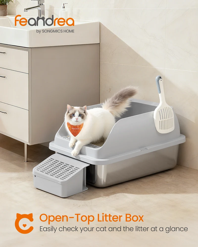 2-Pack Stainless Steel Cat Litter Boxes, High-Sided Open Top Litter Trays with Step & Scoop, for Cats up to 33 lb, Dove Gray