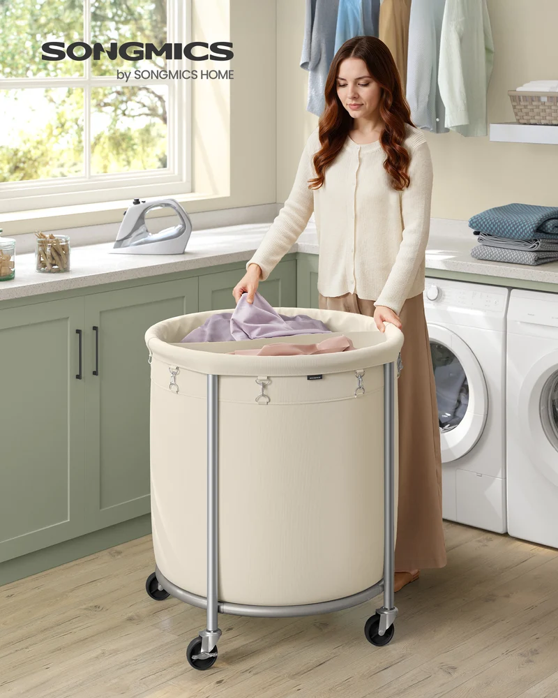 63.5-Gallon Rolling Laundry Hamper with 2 Compartments, Heavy-Duty Steel Frame Cart with Locking Wheels, Cream White and Silver