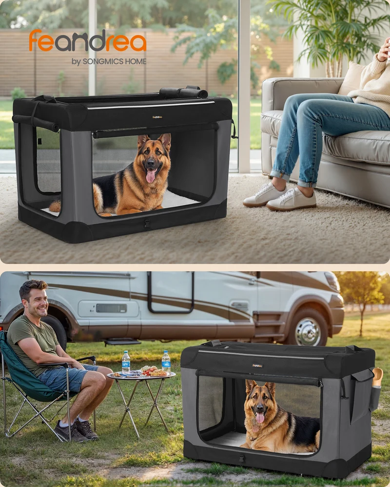 42-Inch Collapsible Dog Crate with 4 Mesh Doors, Portable Pet Carrier for Large Dogs up to 100 lb, Ink Black