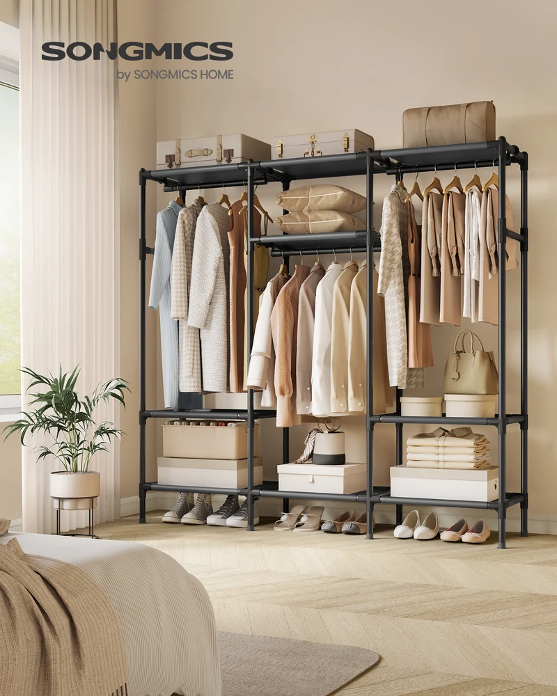 Clothes Rack Portable Closet Heavy Duty Wardrobe Closet Organizer with Hanging Rails and Shelves 74.8”H for Cloakroom Bedroom Ink Black