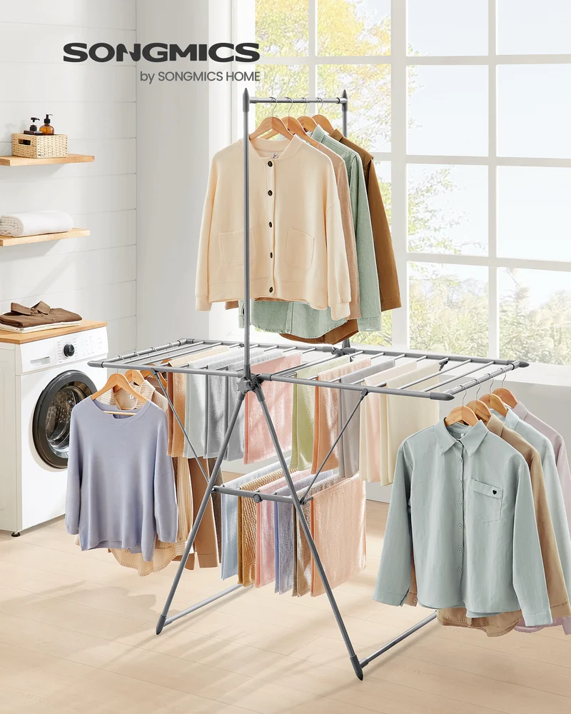 Clothes Drying Rack, Foldable 2-Level Laundry Drying Rack, Free-Standing Airer, 1 Additional Tall Hanging Bar, 2 Height-Adjustable Wings, 24 Drying Rails Gray