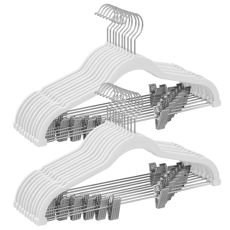 20 - Pack White Velvet Pants Hangers, 16.7 - Inch Long with Adjustable Clips. Heavy - Duty and Non - Slip, Ideal for Space - Saving Storage