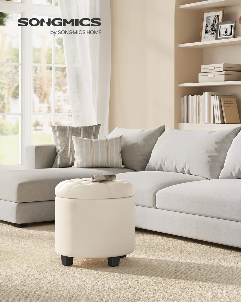 Round Storage Ottoman - 17.7" Foot Rest with Hidden Compartment, 330lb Capacity, Linen-Look Upholstery, Versatile for Living Room & Bedroom, Light Beige