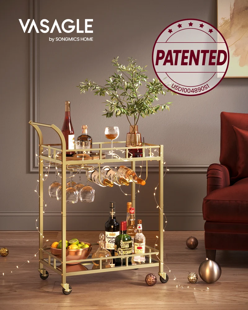 Bar Cart Home Bar Serving Wine Cart with 2 Mirrored Shelves Wine Glass Holders for Kitchen Dining Room Gold