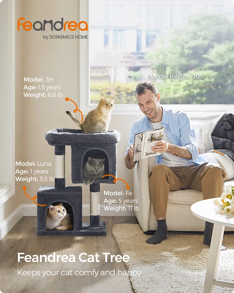 Cat Tree, 29.1-Inch Cat Tower, Cat Condo for Large Cats up to 11 lb, Large Cat Perch, 2 Cat Caves, Scratching Post, Cat Houses for Indoor Cats