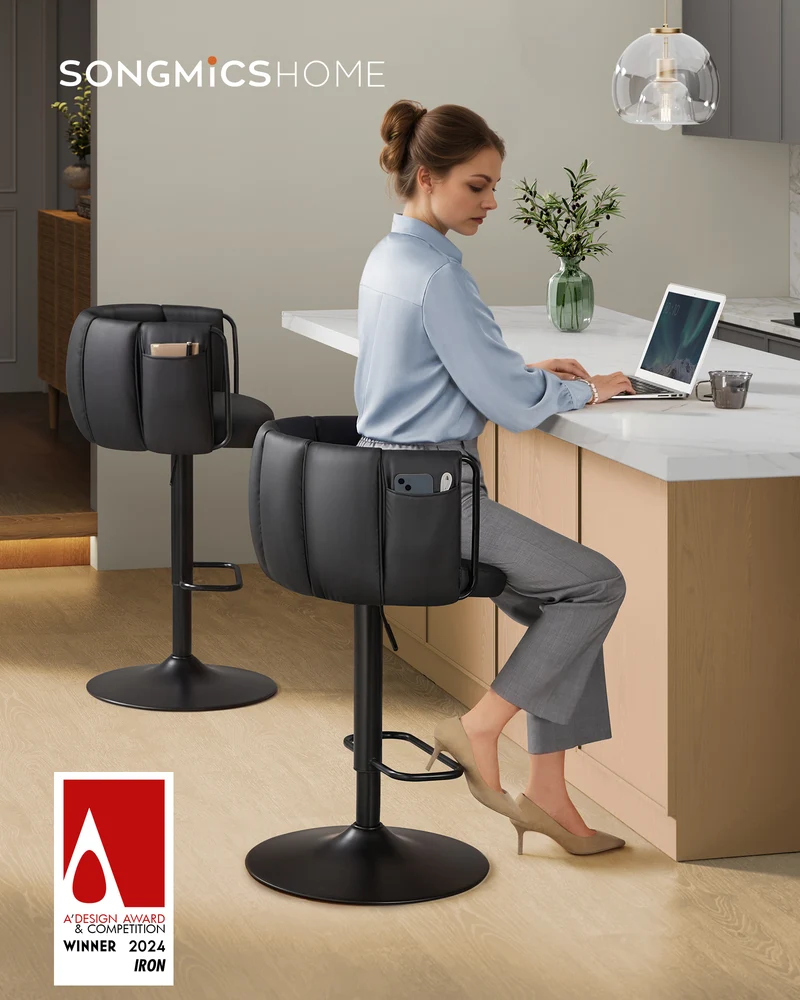 2 Pack Adjustable Swivel Bar Stools with Padded Seat & Curved Backrest, 360° Rotation, Sturdy Wide Base, Foot Rail, Modern Design - Ink Black