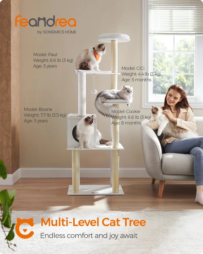 WoodyWonders Cat Tree, 65-Inch Modern Cat Tower for Indoor Cats, Multi-Level Cat Condo with Scratching Posts, Cat Furniture, White