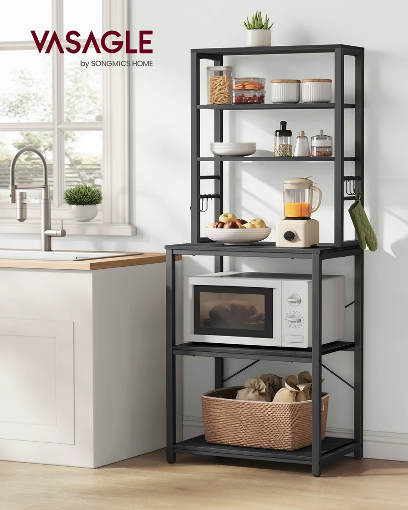 Baker's Rack Microwave Oven Stand Kitchen Tall Utility Storage Shelf 6 Hooks and Metal Frame