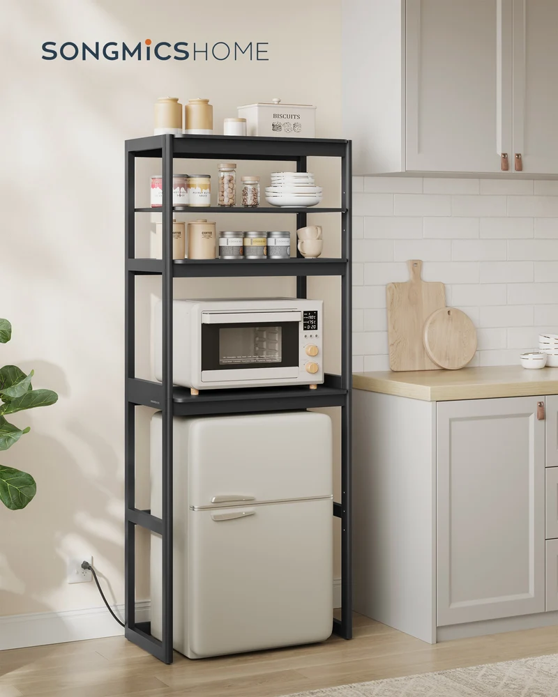 Kitchen Bakers Rack with Power Outlet, 4-Tier Coffee Bar Table with Adjustable Shelf, Mini Fridge Shelf, 15.7 x 23.6 x 66.9 Inches, Ink Black