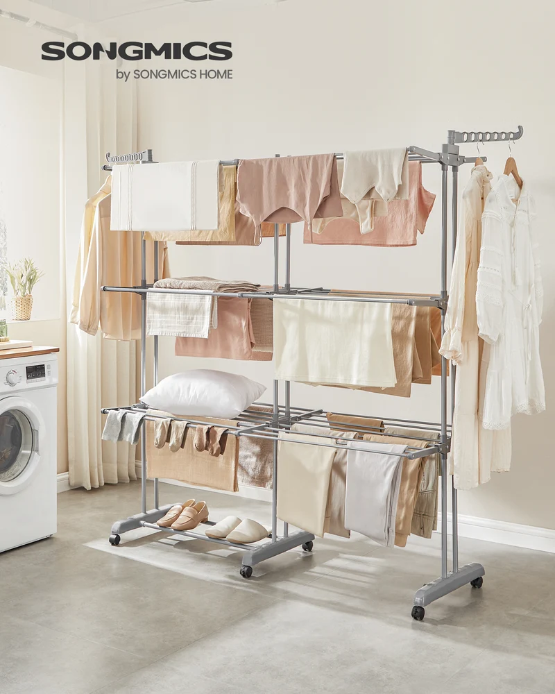 4-Tier Rolling Clothes Drying Rack - Extendable Stainless Steel Laundry Airer with Wheels, Foldable for Indoor/Outdoor Use, Dove Gray