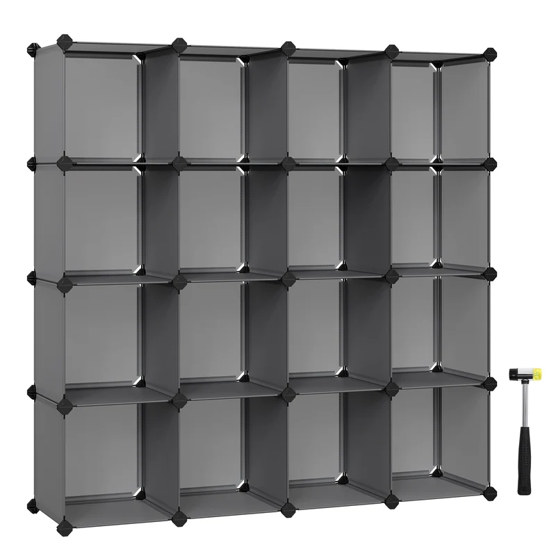 Gray Cube Storage Organizer Set of 16 Plastic Cubes. Functions as a Book Shelf and Closet Organizer. Sized 12.2 x 48.4 x 48.4 Inches