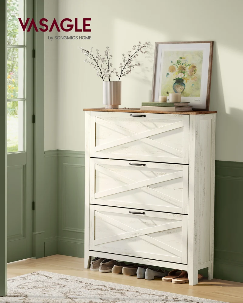 Shoe Storage Cabinet Organizer with 3 Flip Drawers, Freestanding Narrow Shoe Rack Cabinet for Entryway, Farmhouse Style, Fits 18 to 24 Pairs, Rustic White