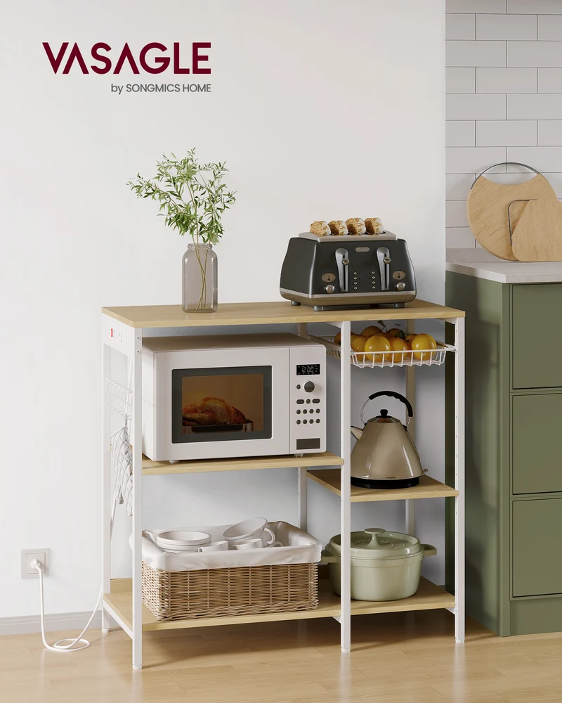 Baker's Rack, Coffee Bar Stand with Charging Station, Storage Shelves, 15.7 x 35.4 x 35.6 Inches, Oak Beige