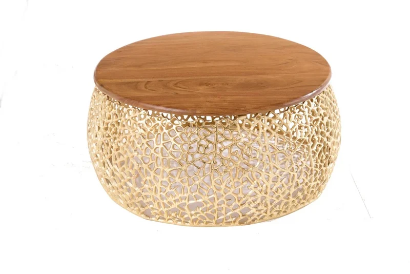 Extravaganter Couchtisch RIXOS ca.73cm gold Metall Akazie