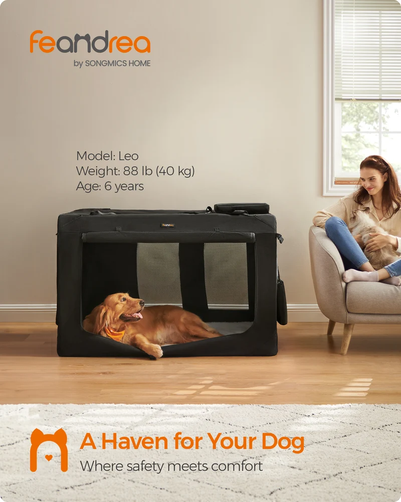 48-Inch Soft Dog Crate, Collapsible Portable for Indoor Outdoor Use - Secure Kennel with Zippers for Home, Car, Travel Camping, Black