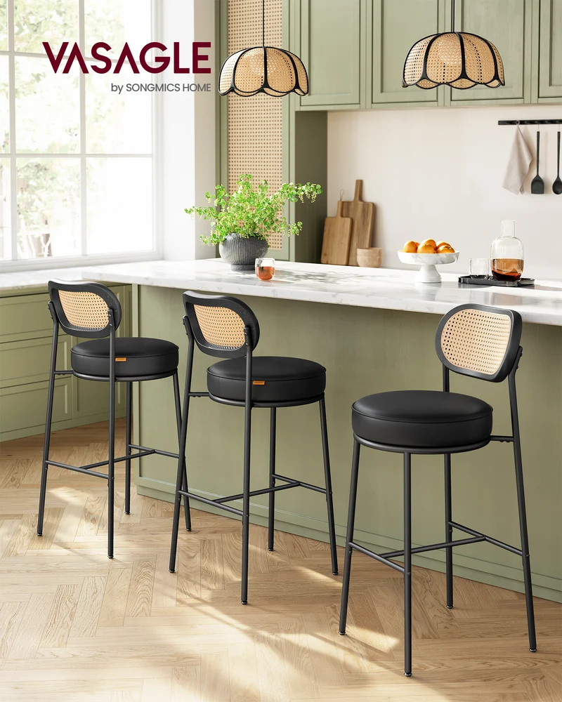 Bar Stools Set of 2, Bar Height Bar Stool with PE Rattan Back, Synthetic Leather Upholstered Stools for Kitchen Island Dining Room, 30.1-Inch Bar Chairs, Ink Black