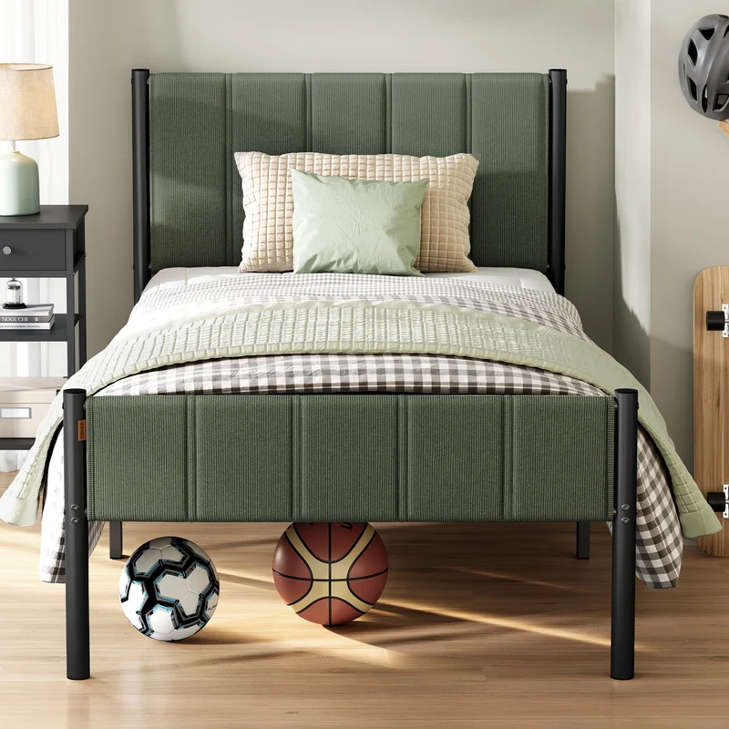 Twin Size Bed Frame with Upholstered Headboard, Metal Platform Bed with Footboard, 550 lb Capacity & Steel Slats, No Box Spring Needed, Forest Green